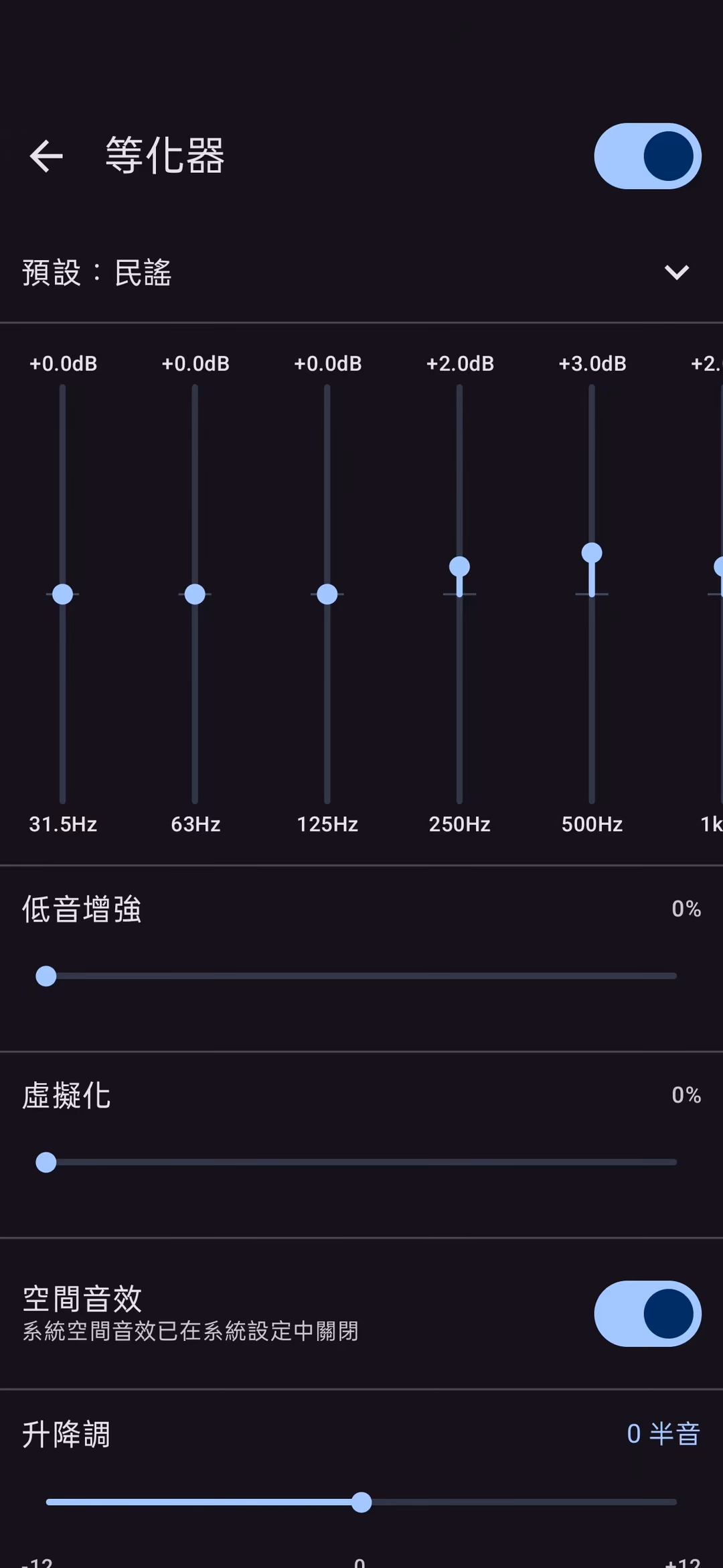 等化器頁：頂端是總開關與「預設：民謠」，下方是可左右捲動的頻段滑桿，再往下依序是低音增強、虛擬化兩個滑桿、一個已開啟的空間音效開關，其下註明系統空間音效已在系統設定中關閉，以及升降調