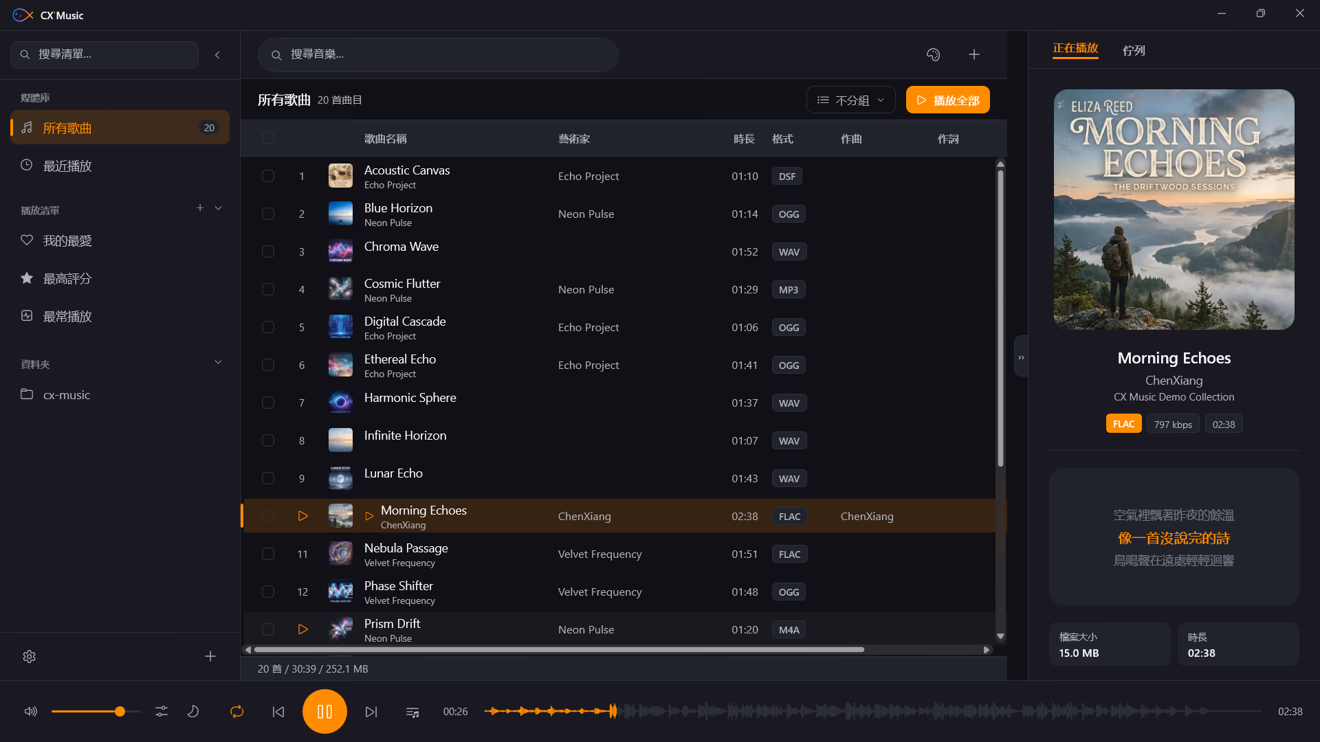 CX'Music 主視窗：左側是媒體庫與播放清單，中央的曲目列表顯示 20 首歌，格式欄可見 DSF、OGG、WAV、MP3、FLAC、M4A，正在播放的一列反白；右側是專輯封面、歌曲資訊與歌詞片段，底部橫跨整個視窗的是波形進度條